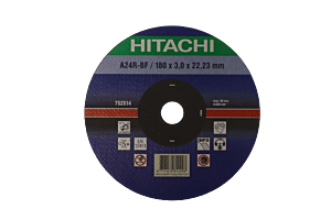De voorkant van de Hitachi doorslijpschijf A24R-BF, 180 x 3 x 22,23 mm. Voor het doorslijpen van staal, metalen buizen en non-ferrometalen.